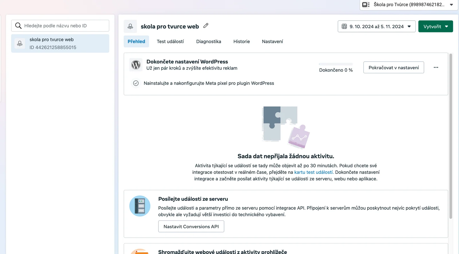 Meta Events Manager: sada dat nepřijala žádnou aktivitu, nastavení dokončeno na 0 %
