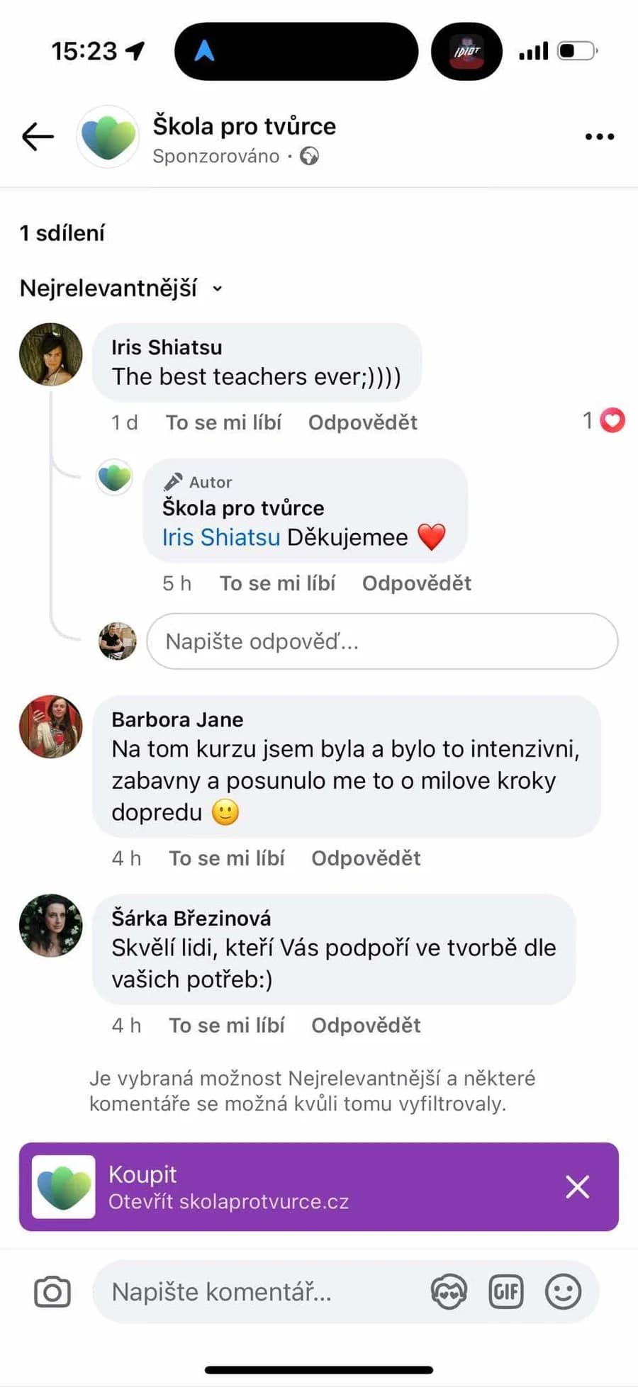 Komentáře pod reklamou Školy pro Tvůrce: absolventky kurzu doporučují a chválí lektory