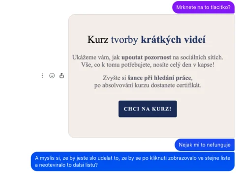 Ukázka komunikace s klientem: řešení nefunkčního CTA tlačítka na prodejní stránce