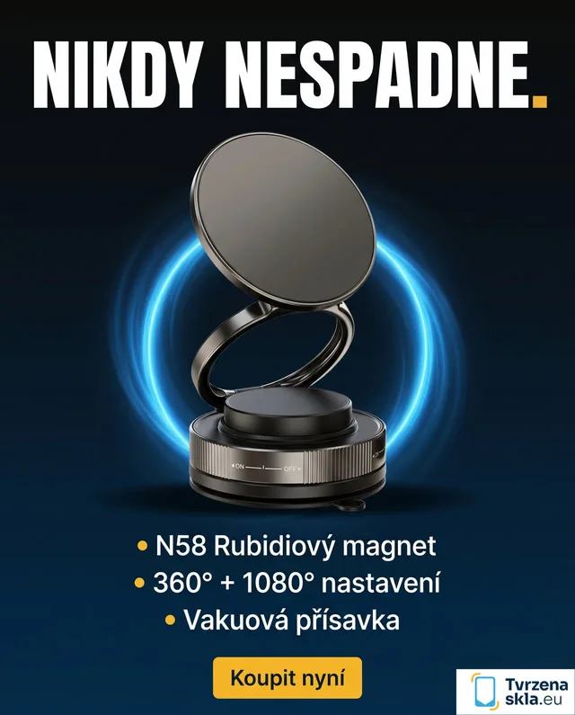 Produktová kreativa na magnetický držák telefonu s titulkem Nikdy nespadne